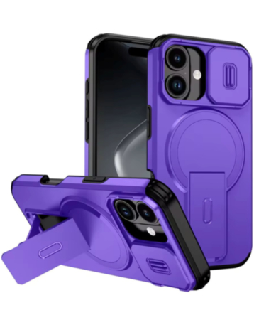 Magnetic Push Slide Lens Case with Kickstand (PURPLE) for iPhone 13 / 14 (Only Ground Shipping)
