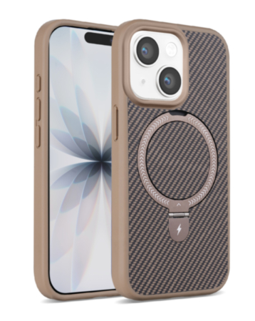 Magnetic Kickstand Case with Carbon Fiber (BROWN) for iPhone 13 / 14 (Only Ground Shipping)