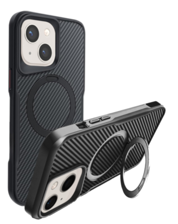 Carbon Fiber Magnetic Kickstand Case - BLACK for iPhone 13 / 14 (Only Ground Shipping)