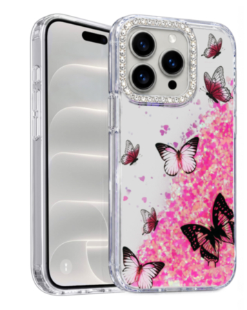 Glitter Shockproof Butterfly Shinny Case (PINK) for iPhone 14 Pro Max (Only Ground Shipping)