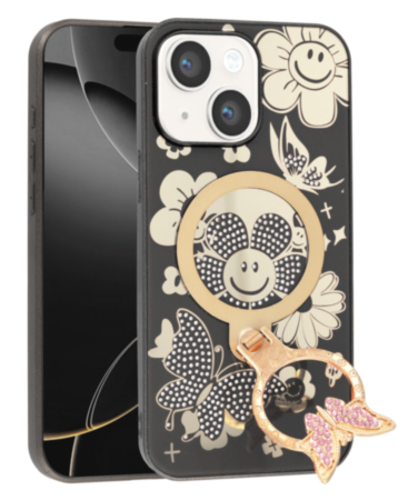 Luxury Diamond Shiny Cases with Butterfly Ring Design (BLACK) for iPhone 15 (Only Ground Shipping)