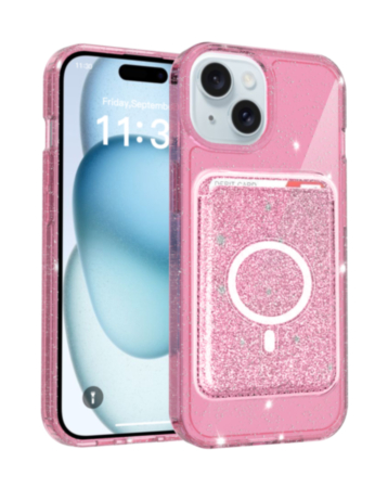 Glitter Magnetic Case with Wallet Slot for iPhone 17E / 16E / 15 / 14 / 13 (PINK) (Only Ground Shipping)