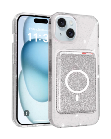 Glitter Magnetic Case with Wallet Slot for iPhone 17E / 16E / 15 / 14 / 13 (WHITE) (Only Ground Shipping)