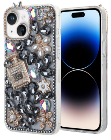 Crystal Flower Perfume Silicone Hard Case - BLACK for iPhone 15 (Only Ground Shipping)