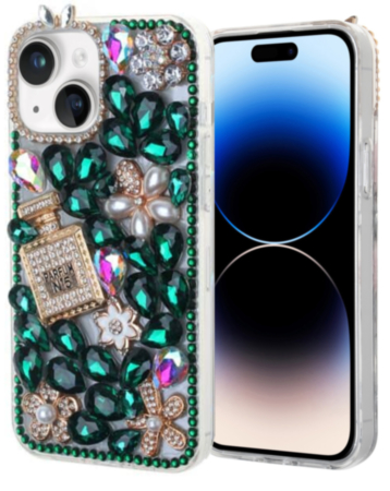 Crystal Flower Perfume Silicone Hard Case - GREEN for iPhone 15 (Only Ground Shipping)
