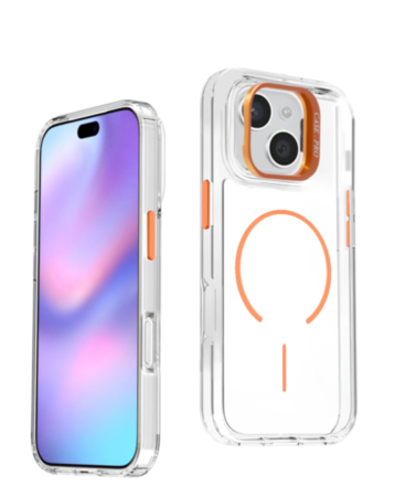 Magnetic Clear Case with Camera Kickstand for iPhone 17E / 16E / 15 / 14 / 13 (ORANGE) (Only Ground Shipping)