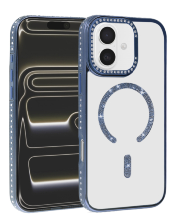 Rhinestone Magnetic Clear Protective Case for iPhone 17E / 16E / 15 / 14 / 13 (NAVY BLUE) (Only Ground Shipping)