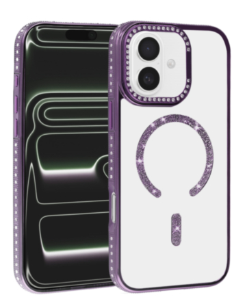 Rhinestone Magnetic Clear Protective Case for iPhone 17E / 16E / 15 / 14 / 13 (PURPLE) (Only Ground Shipping)