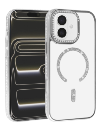 Rhinestone Magnetic Clear Protective Case for iPhone 17E / 16E / 15 / 14 / 13 (SILVER) (Only Ground Shipping)