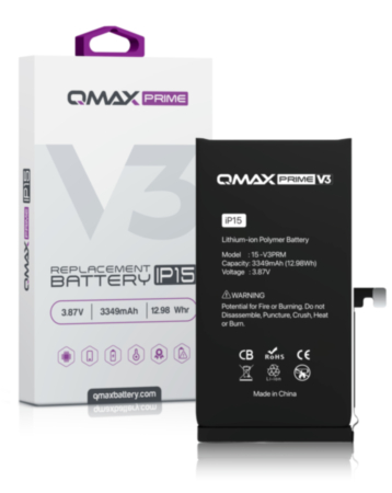 QMAX Prime V3 Replacement Battery for iPhone 15 (No Pop-Up) (3349 mAh) (Only Ground Shipping)
