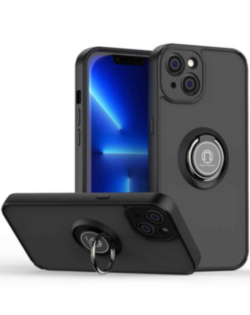 iPhone 15 Plus Hard PC Rear / Soft TPU Colorful Border Case w / I - ring Holder - BLACK (Only Ground Shipping)
