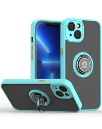 iPhone 15 Plus Hard PC Rear / Soft TPU Colorful Border Case w / I - ring Holder - LIGHT BLUE (Only Ground Shipping)