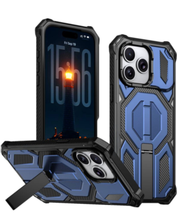 Heavy Duty Rugged Armor Case with Camera Protection Case with Kickstand (BLUE) for iPhone 15 Pro Max (Only Ground Shipping)