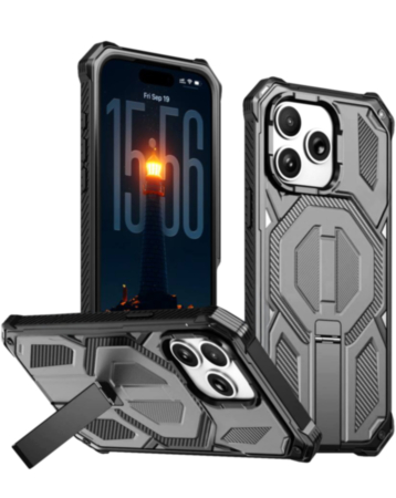 Heavy Duty Rugged Armor Case with Camera Protection Case with Kickstand (GRAY) for iPhone 15 Pro Max (Only Ground Shipping)