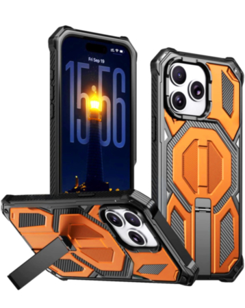 Heavy Duty Rugged Armor Case with Camera Protection Case with Kickstand (ORANGE) for iPhone 15 Pro Max (Only Ground Shipping)