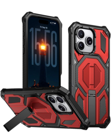 Heavy Duty Rugged Armor Case with Camera Protection Case with Kickstand (RED) for iPhone 15 Pro Max (Only Ground Shipping)