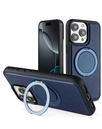 Slim Leather Case with Wireless Charging Kickstand - BLUE for iPhone 15 Pro (Only Ground Shipping)