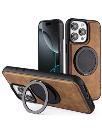 Slim Leather Case with Wireless Charging Kickstand - BROWN for iPhone 15 Pro (Only Ground Shipping)