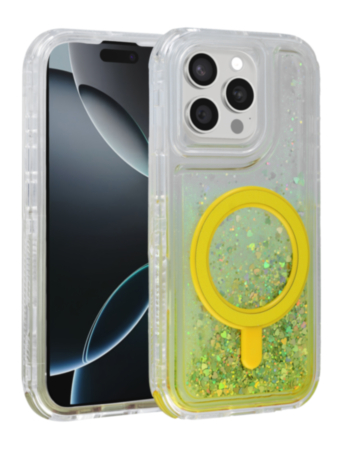 Wireless Charging Protective Glitter Liquid Bumper Case - YELLOW for iPhone 15 Pro Max (Only Ground Shipping)