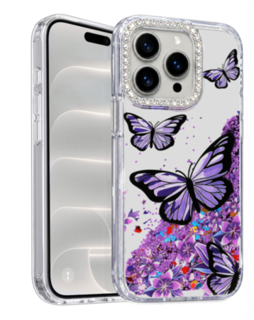 Glitter Shockproof Butterfly Shinny Case (PURPLE) for iPhone 15 Pro Max (Only Ground Shipping)