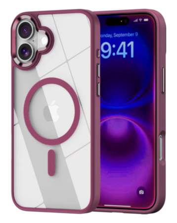 Shiny Magnetic Clear Cases (Burgundy) for iPhone 16 (Only Ground Shipping)