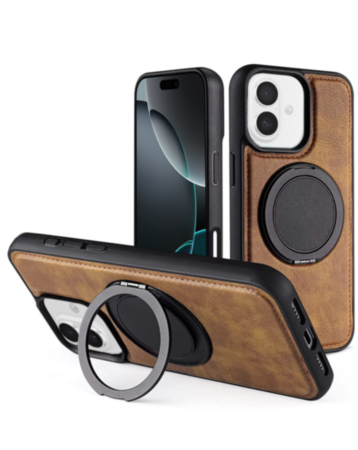Slim Leather Case with Wireless Charging Kickstand - BROWN for iPhone 16 (Only Ground Shipping)