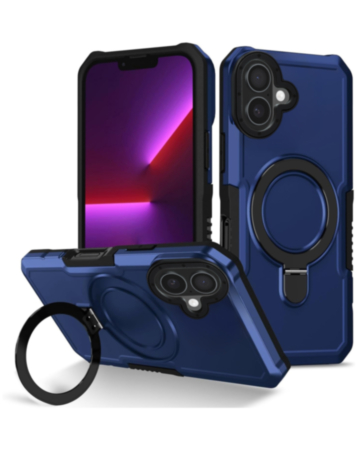 Hard PC Shockproof Case w /Ring Holder - BLUE for iPhone 16 (Only Ground Shipping)