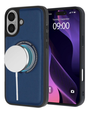 Leather Design Wireless Charging Case - NAVY BLUE for iPhone 16 Plus (Only Ground Shipping)