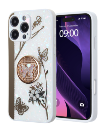 Luxury Diamond Shiny Cases with Butterfly Ring - WHITE for iPhone 16 Pro (Only Ground Shipping)