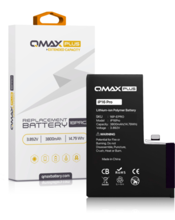 QMAX PRO Extended Capacity Replacement Battery for iPhone 16 Pro (3800 mAh) (Only Ground Shipping)