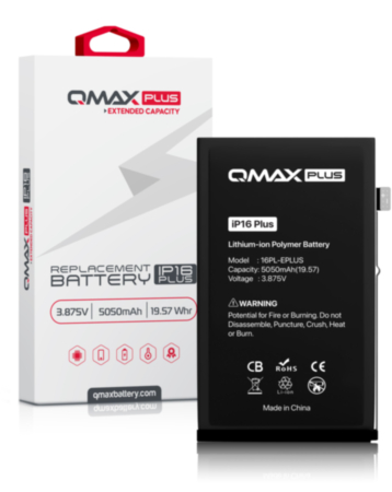 QMAX Plus Extended Capacity Replacement Battery for iPhone 16 Plus (5050 mAh) (Only Ground Shipping)