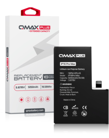 QMAX Plus Extended Capacity Replacement Battery for iPhone 16 Pro Max (5050 mAh) (Only Ground Shipping)