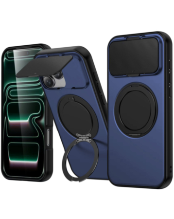 Flip Lens Cover Case with MagSafe Ring Kickstand (NAVY BLUE) for iPhone 16 Pro Max (Only Ground Shipping)