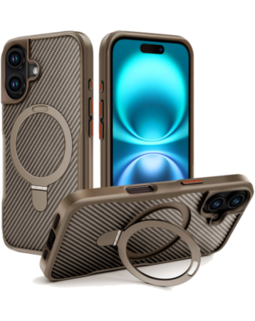 Carbon Fiber Magnetic Kickstand Case - GOLD for iPhone 16 Plus (Only Ground Shipping)