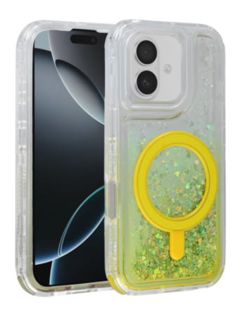 Wireless Charging Protective Glitter Liquid Bumper Case - YELLOW for iPhone 16 Plus (Only Ground Shipping)