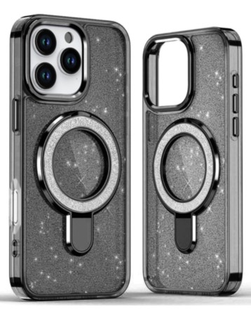 Glitter Ring Stand Protective Case for iPhone 16 Pro Max (BLACK) (Only Ground Shipping)
