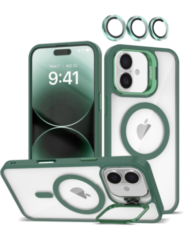 Thin Magnetic Clear Case with Camera Stand & Camera Cover - DARK GREEN for iPhone 17 (Only Ground Shipping)