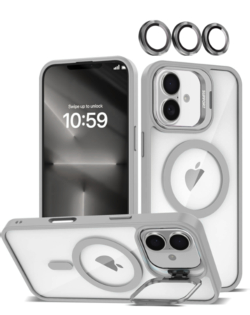 Thin Magnetic Clear Case with Camera Stand & Camera Cover - GRAY for iPhone 17 (Only Ground Shipping)