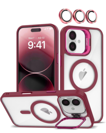 Thin Magnetic Clear Case with Camera Stand & Camera Cover - WINE for iPhone 17 (Only Ground Shipping)