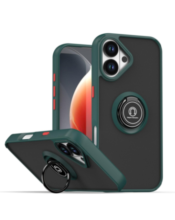 Hard PC Rear / Soft TPU Colorful Border Case with I-ring Holder - DARK GREEN for iPhone 17 (Only Ground Shipping)
