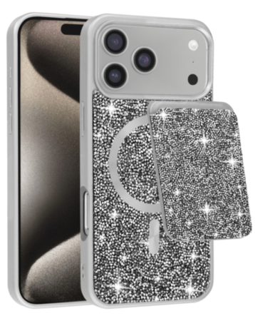 Magnetic Diamond Dual Layer Protection Case with Magnetic Card Slot- SILVER for iPhone 17 Pro (Only Ground Shipping)