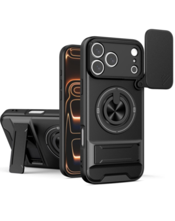 Shockproof Mag Safe Slide Lens Case with Ring Holder - BLACK for iPhone 17 Pro (Only Ground Shipping)