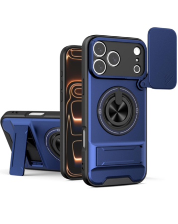 Shockproof Mag Safe Slide Lens Case with Ring Holder - BLUE for iPhone 17 Pro (Only Ground Shipping)