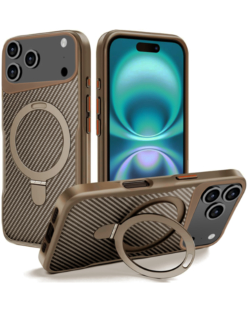 Carbon Fiber Magnetic Kickstand Case - GOLD for iPhone 17 Pro (Only Ground Shipping)