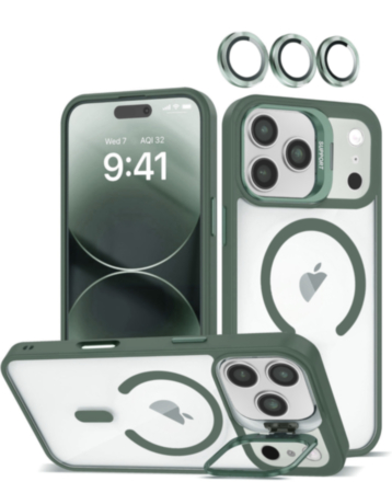 Thin Magnetic Clear Case with Camera Stand & Camera Cover - DARK GREEN for iPhone 17 Pro (Only Ground Shipping)