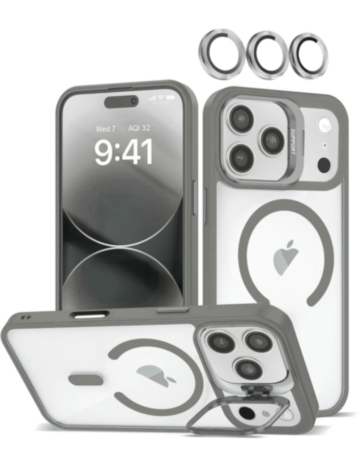 Thin Magnetic Clear Case with Camera Stand & Camera Cover - GRAY for iPhone 17 Pro (Only Ground Shipping)
