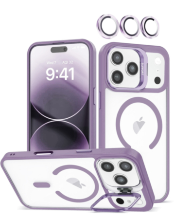 Thin Magnetic Clear Case with Camera Stand & Camera Cover - LIGHT PURPLE for iPhone 17 Pro (Only Ground Shipping)
