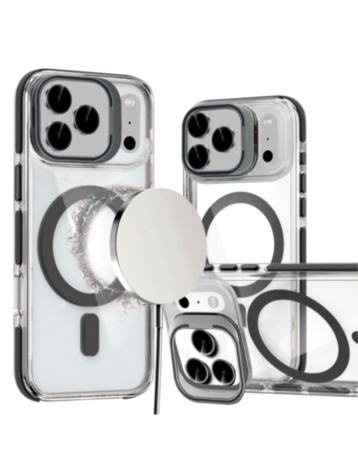 Thin Magnetic Clear Case with Camera Stand Kickstand (Black) for iPhone 17 Pro / 18 Pro (Only Ground Shipping)