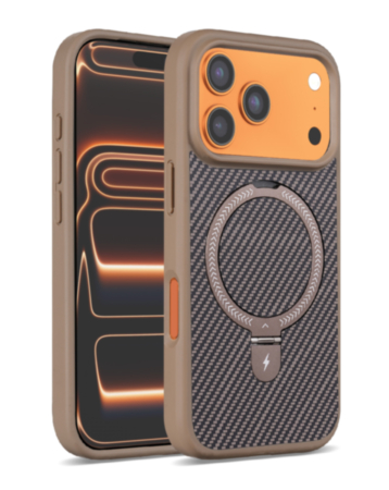 Magnetic Kickstand Case with Carbon Fiber -BROWN for iPhone 17 Pro Max (Only Ground Shipping)