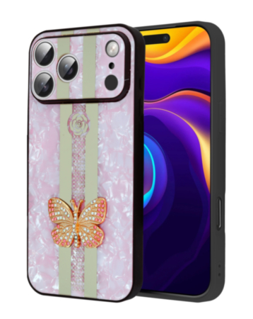Luxury Printed Ring Holder Case for iPhone 17 Pro / 18 Pro (PINK GLITTER BUTTERFLY) (Only Ground Shipping)